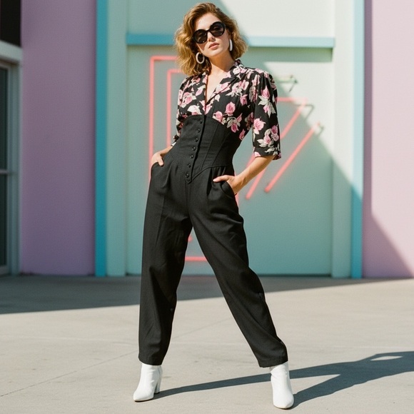 Vintage Pants - Vintage 80s Jumpsuit Black Pink Floral  Size 12 Foxy Lady Funky Unique Jumpsuit